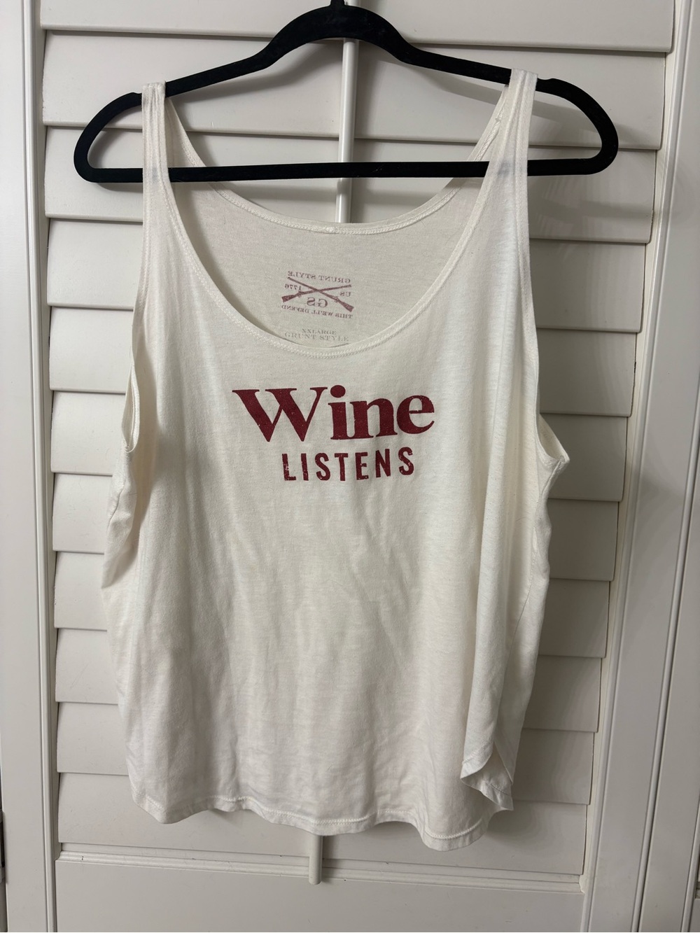 Grunt Style White Tank Top with Red "Wine Listens" Graphic